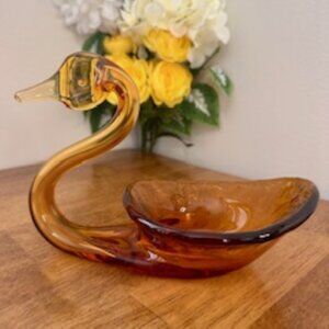 Vintage Amber Hand-Blown Glass Swan Candy or Trinket Dish – Mid-Century Elegance